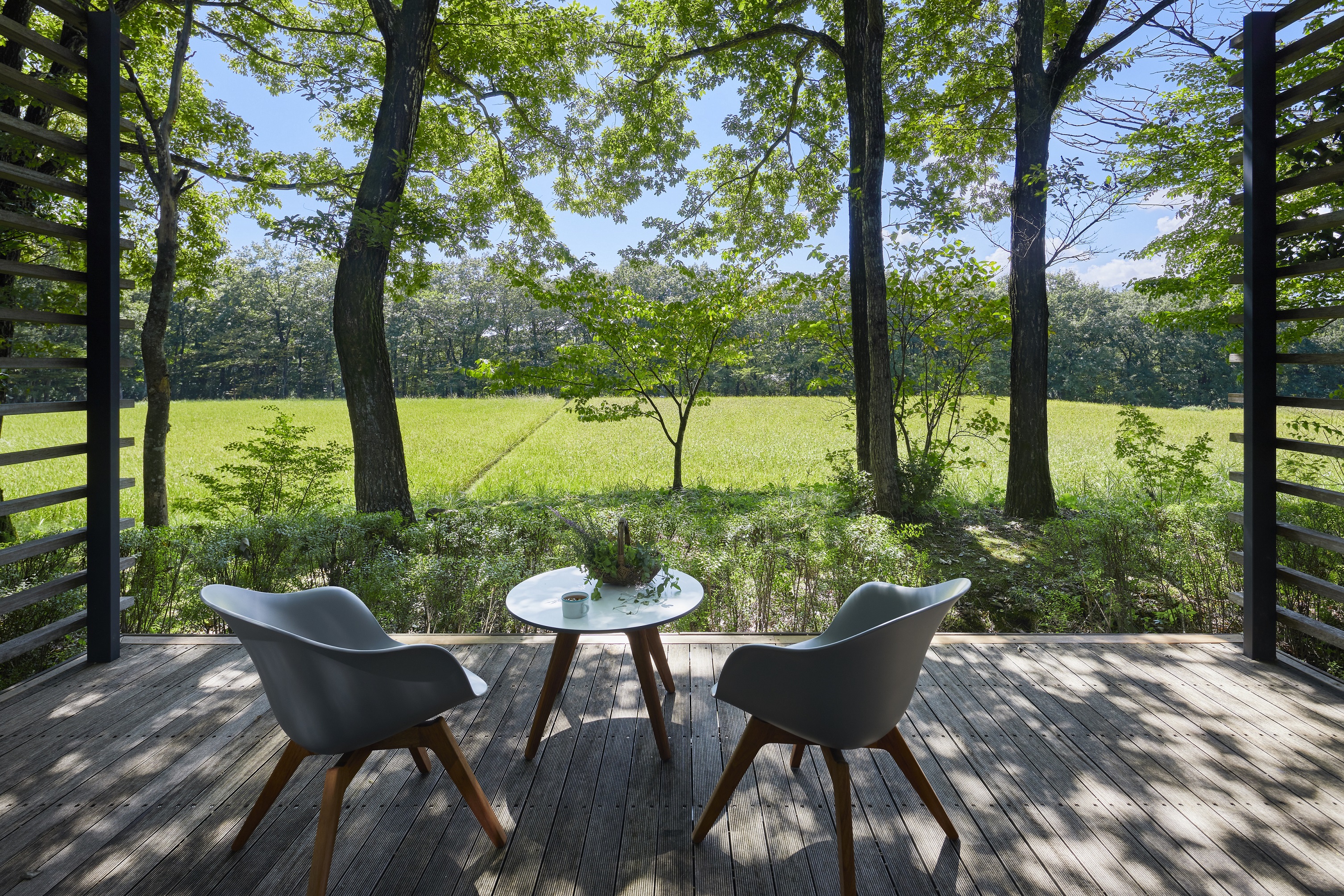 デラックスメゾネットの客室は、森林に囲まれ、自然や田畑を間近に見られる