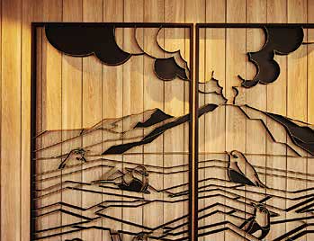 テープ状の薄い鉄板によるモチーフ「浅間山と野鳥」（Artist: 桐山征士）