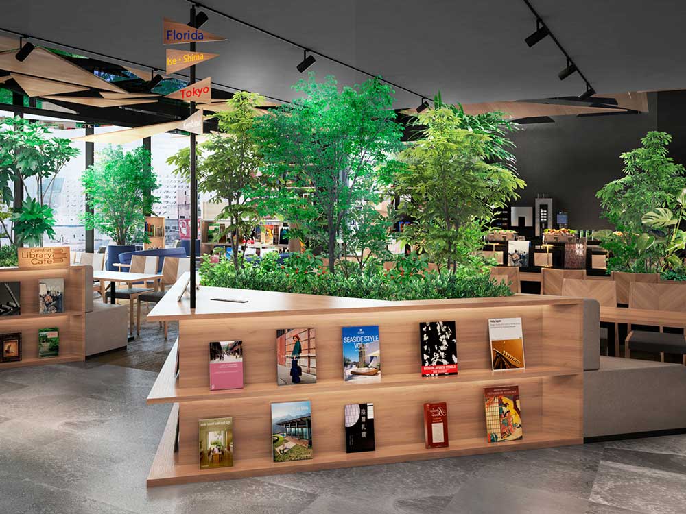 Comfort Library Cafe　カフェの本棚には三重県産間伐材を使用