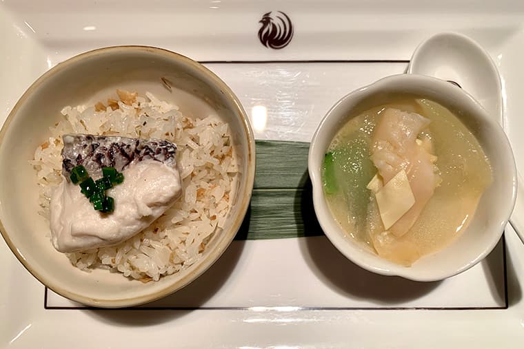 平戸なつ香鯛と冬菜の蒸しご飯とミル貝のスープ煮
