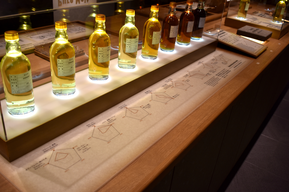 ニッカミュージアム内に展示されている原酒。香りのスペクトルが記載れており、中にはアゲハチョウという表記も