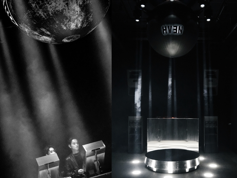 「HVEN」のナイトシーンをフィーチャーするミュージックエリア。上部に取り付けられた直径１.５メートルの円球 LED サイネージが音楽やイベントによりシンクロする仕様になっており、独自でダイナミックな雰囲気を演出している