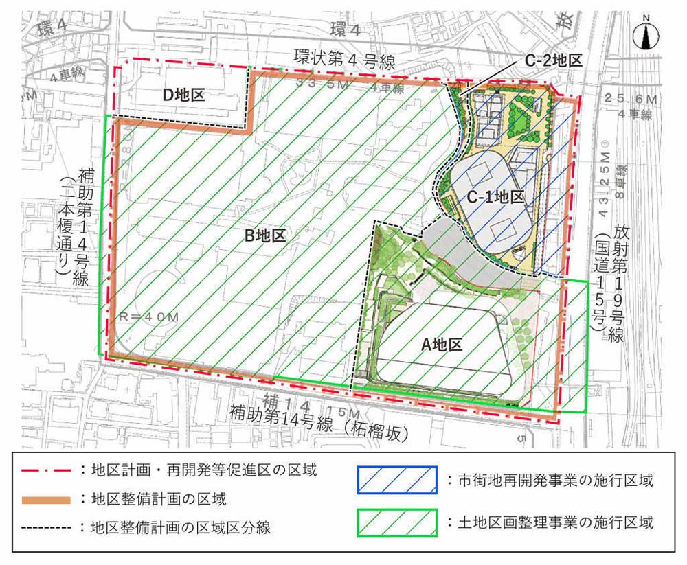 計画地の配置図　B地区にグランドプリンスホテル高輪、グランドプリンスホテル新高輪、ザ・プリンスさくらタワー東京などがある